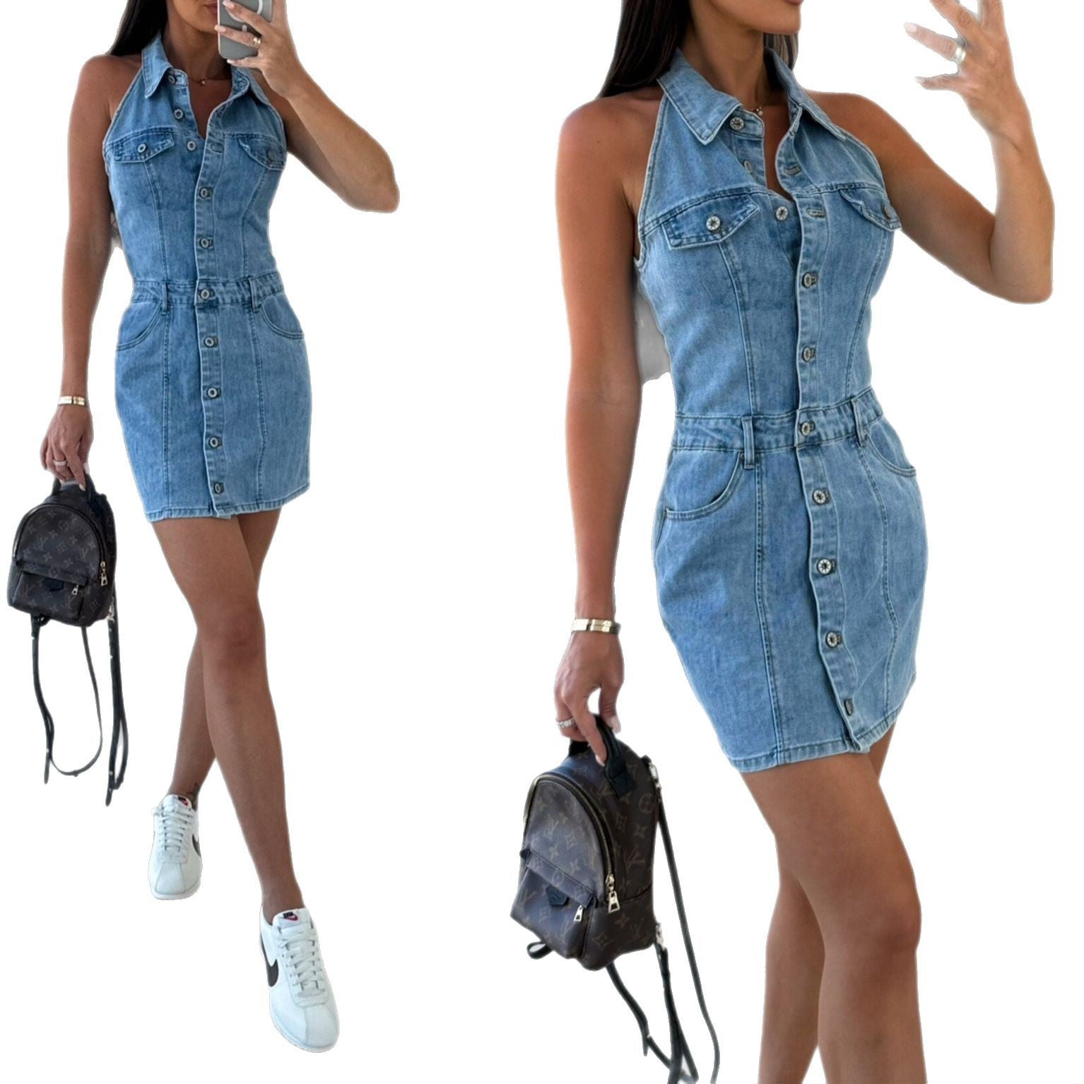 Single-breasted Lapel Sleeveless Waist Denim Dress