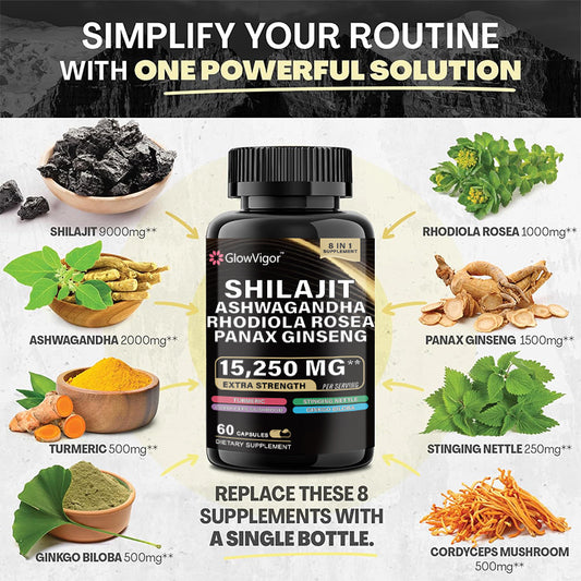 GlowVigor Ultra Shilajit 9000MG with Panax Ginseng 1500MG, Ashwagandha 2000MG, Rhodiola Rosea 999MG, Turmeric 500MG, Ginkgo Biloba 500MG, and Stinging Nettle 250MG – Ultimate Energy, Stress Relief, and Brain Health Support