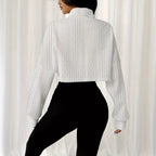Women's Solid Color Stand Up Collar Front Button Long Sleeved Textured Short Hoodie