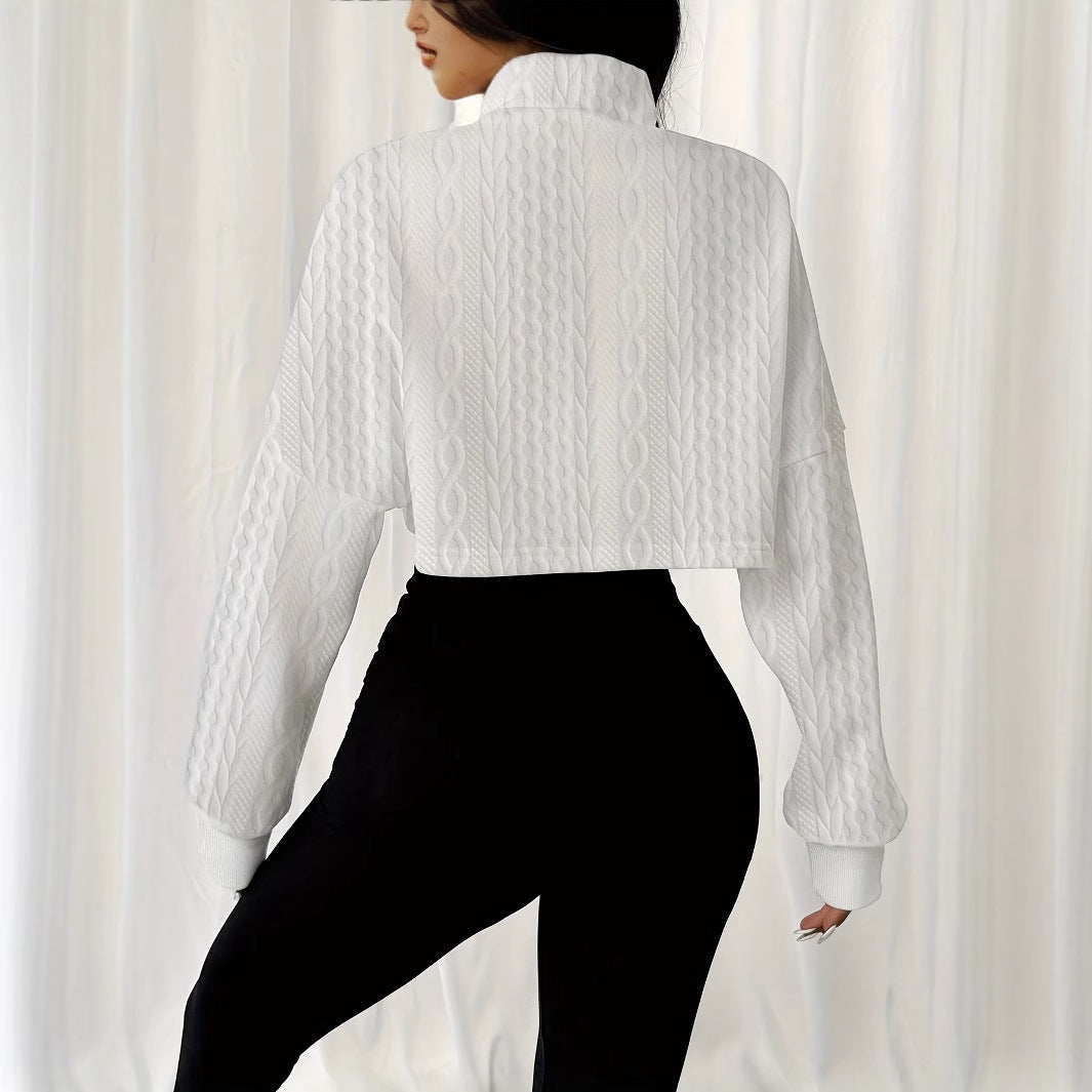 Women's Solid Color Stand Up Collar Front Button Long Sleeved Textured Short Hoodie