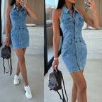Single-breasted Lapel Sleeveless Waist Denim Dress