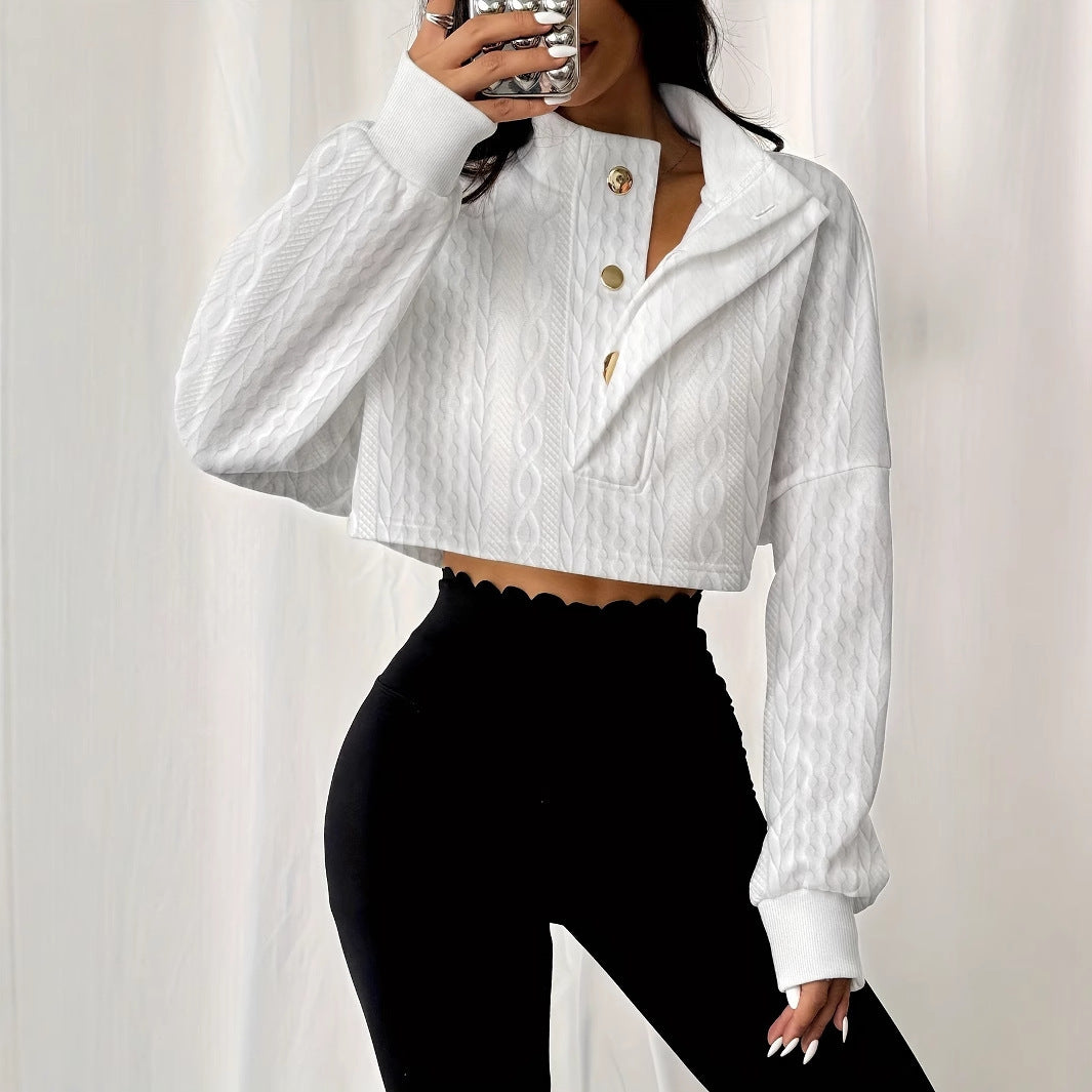 Women's Solid Color Stand Up Collar Front Button Long Sleeved Textured Short Hoodie