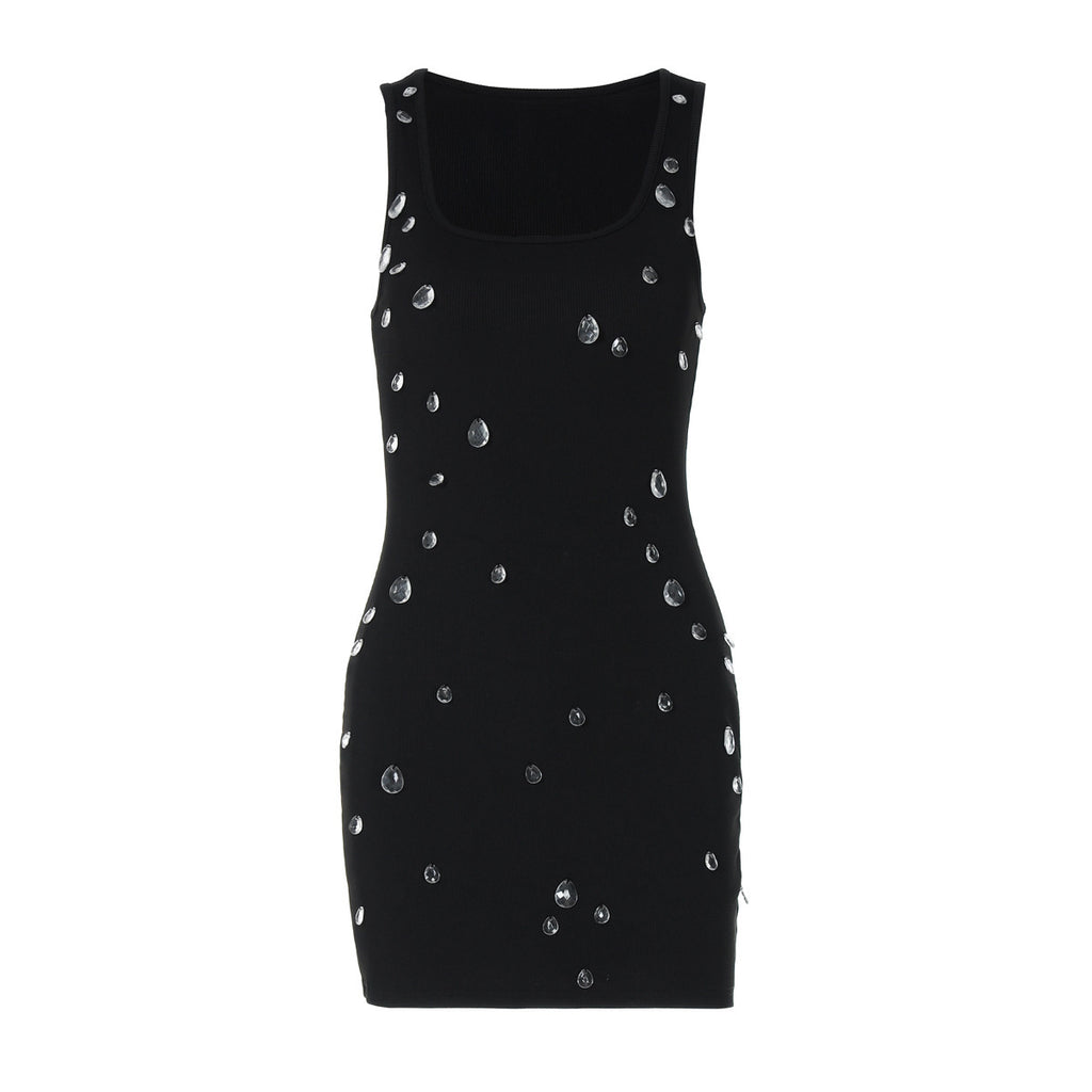 Personalized Slim Fit And Slimming Nail Bead Sleeveless Hip Hugging Dress