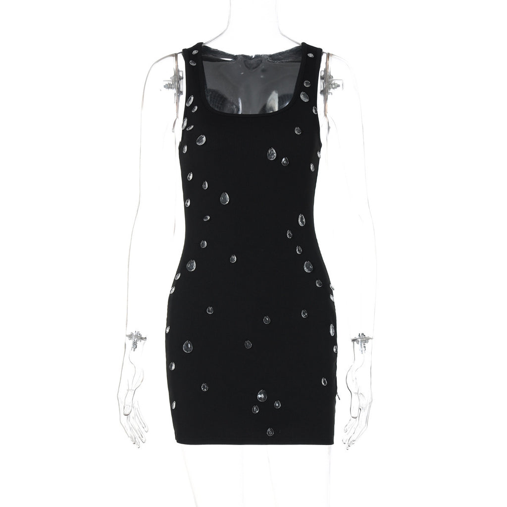 Personalized Slim Fit And Slimming Nail Bead Sleeveless Hip Hugging Dress