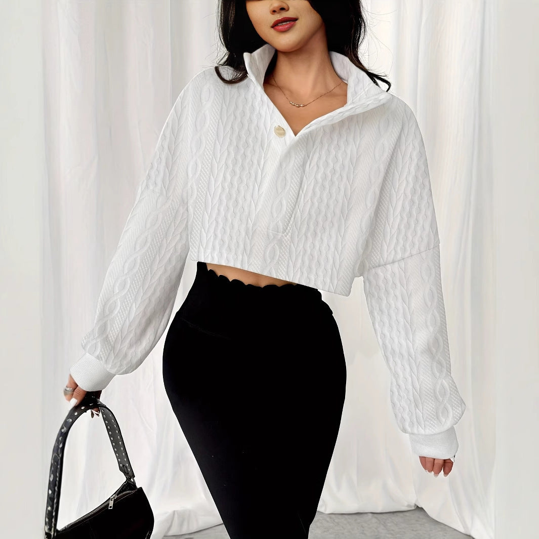 Women's Solid Color Stand Up Collar Front Button Long Sleeved Textured Short Hoodie