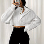 Women's Solid Color Stand Up Collar Front Button Long Sleeved Textured Short Hoodie