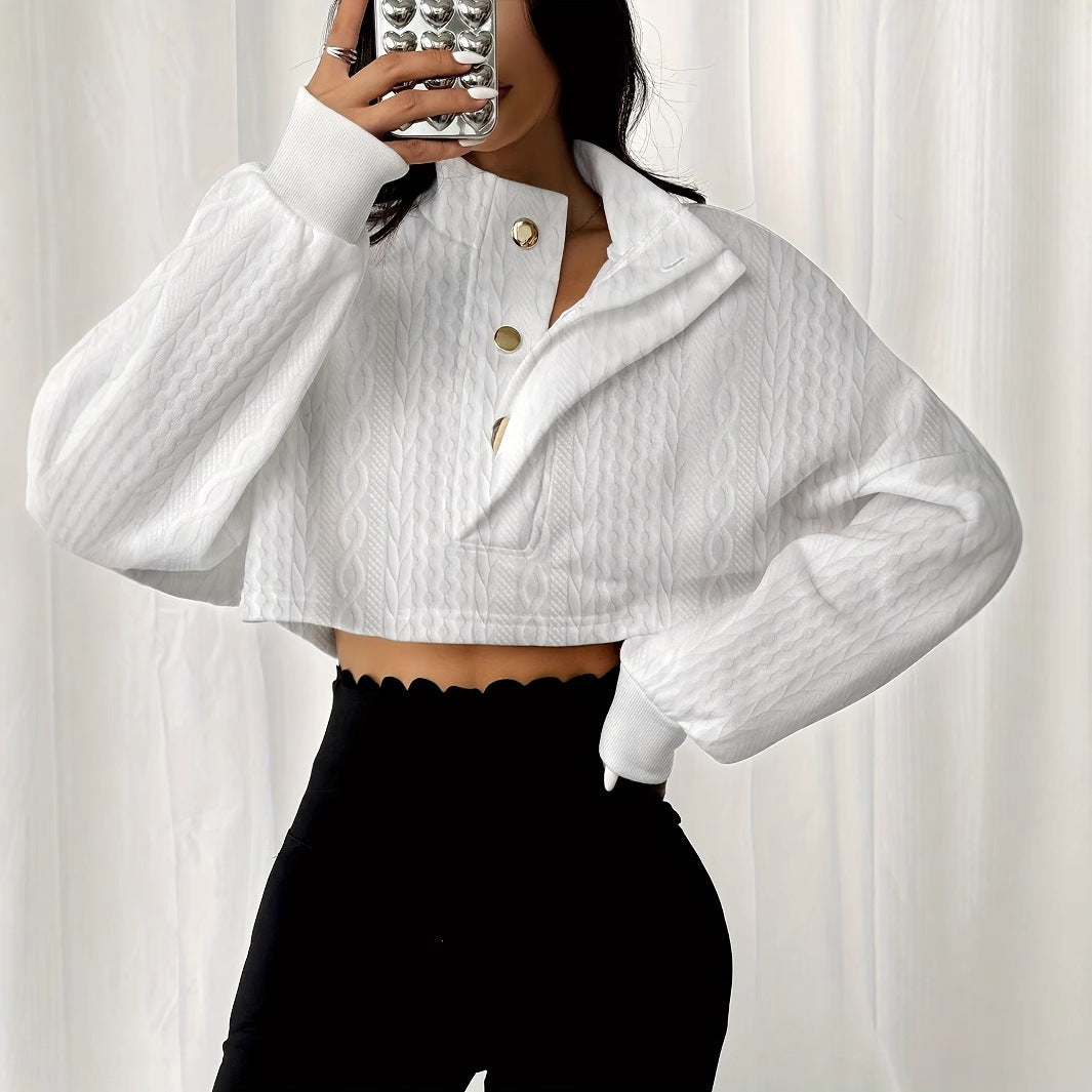 Women's Solid Color Stand Up Collar Front Button Long Sleeved Textured Short Hoodie