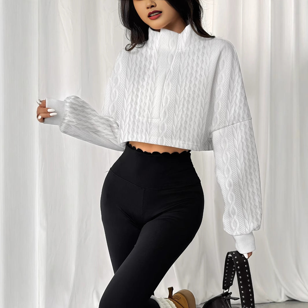 Women's Solid Color Stand Up Collar Front Button Long Sleeved Textured Short Hoodie