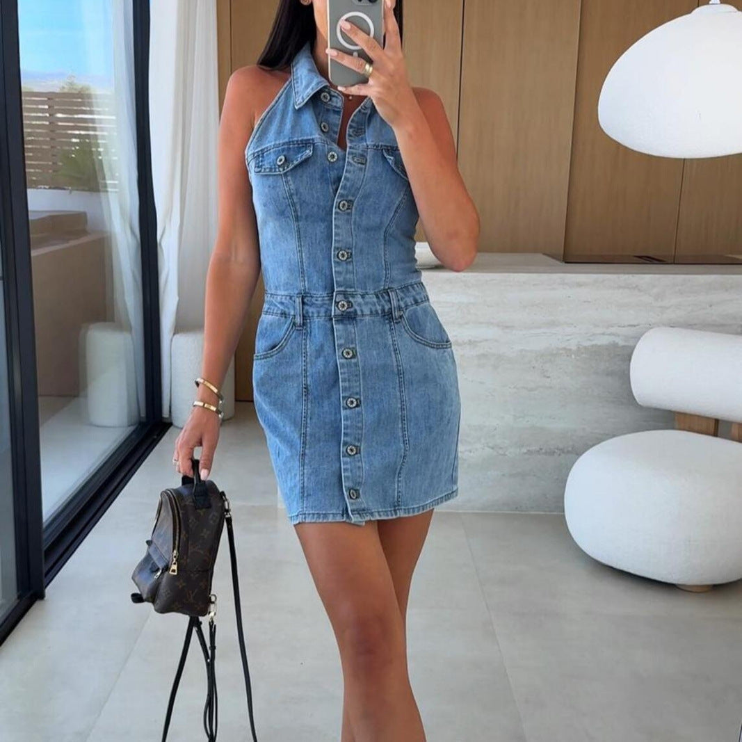 Single-breasted Lapel Sleeveless Waist Denim Dress